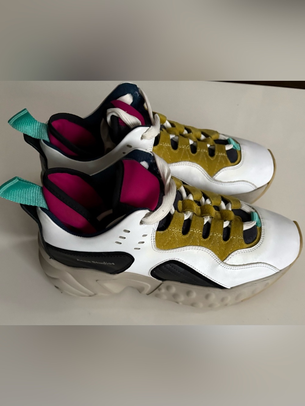 Acne Multicolor White, Mustard yellow Pink Chunky Lace-Up Sneakers